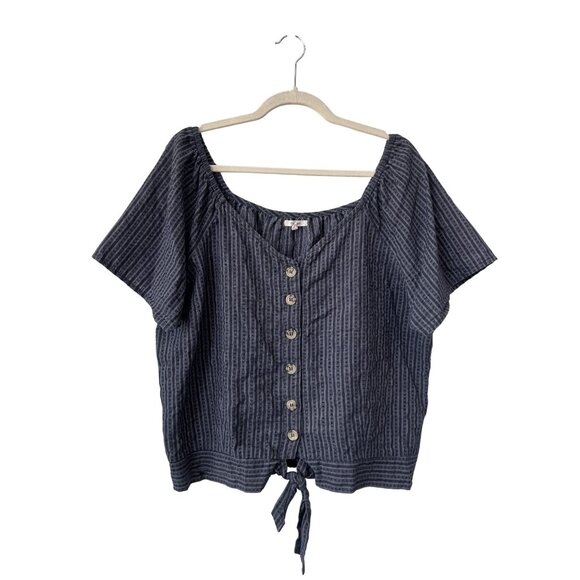 Maurices Top Size 1X Striped Short Sleeve Button Up Tie Front Navy Blue Gray - Picture 2 of 9